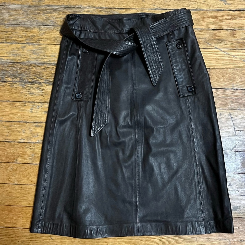 Theory Brown Leather Midi Skirt with Tie